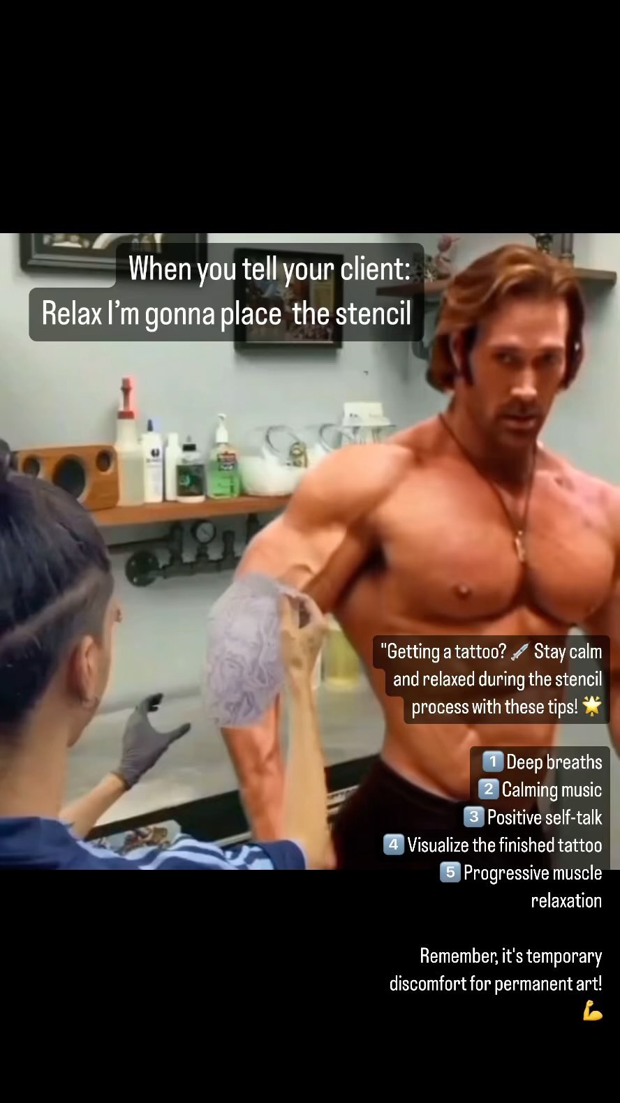 “Getting a tattoo? 💉 Stay calm and relaxed during the stencil process with these tips! 🌟