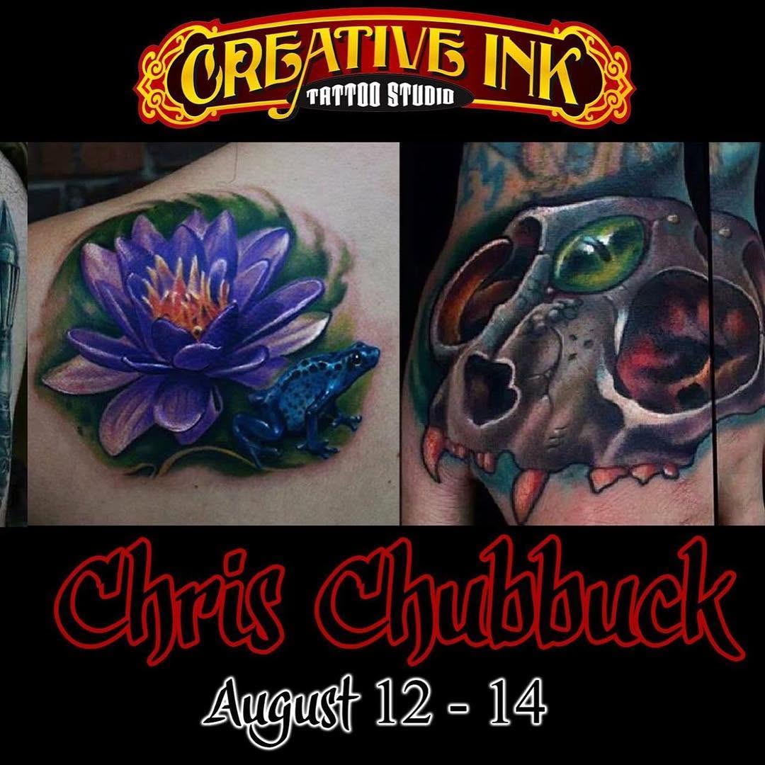 My good friend and amazing artist @chrischubbuck will be doing a guest spot at my shop creative ink . At 599 main st , k
