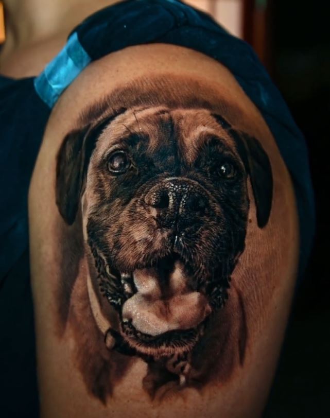 Boxer Tattoo, Dog Portrait Tattoo, Cesar Perez, Black and Grey Realism